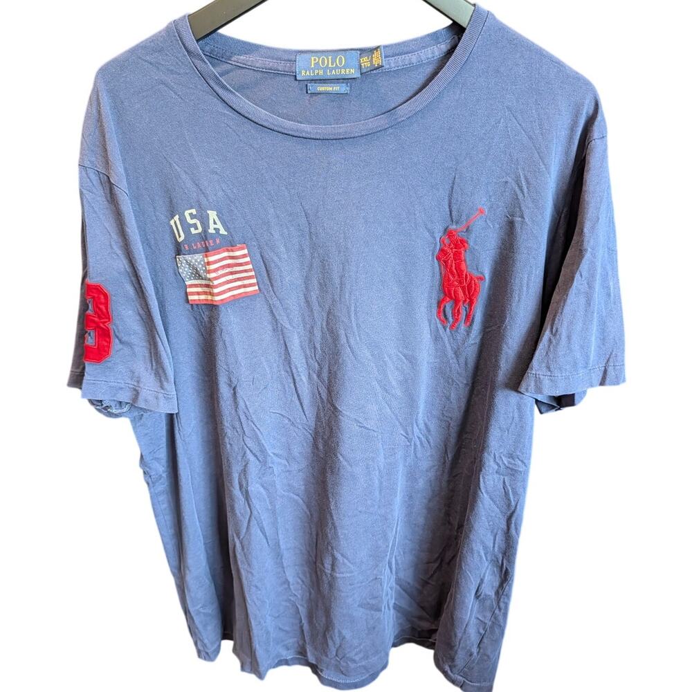 Polo Ralph Lauren USA Flag Big Pony #3 Custom Fit T-Shirt Blue XXL